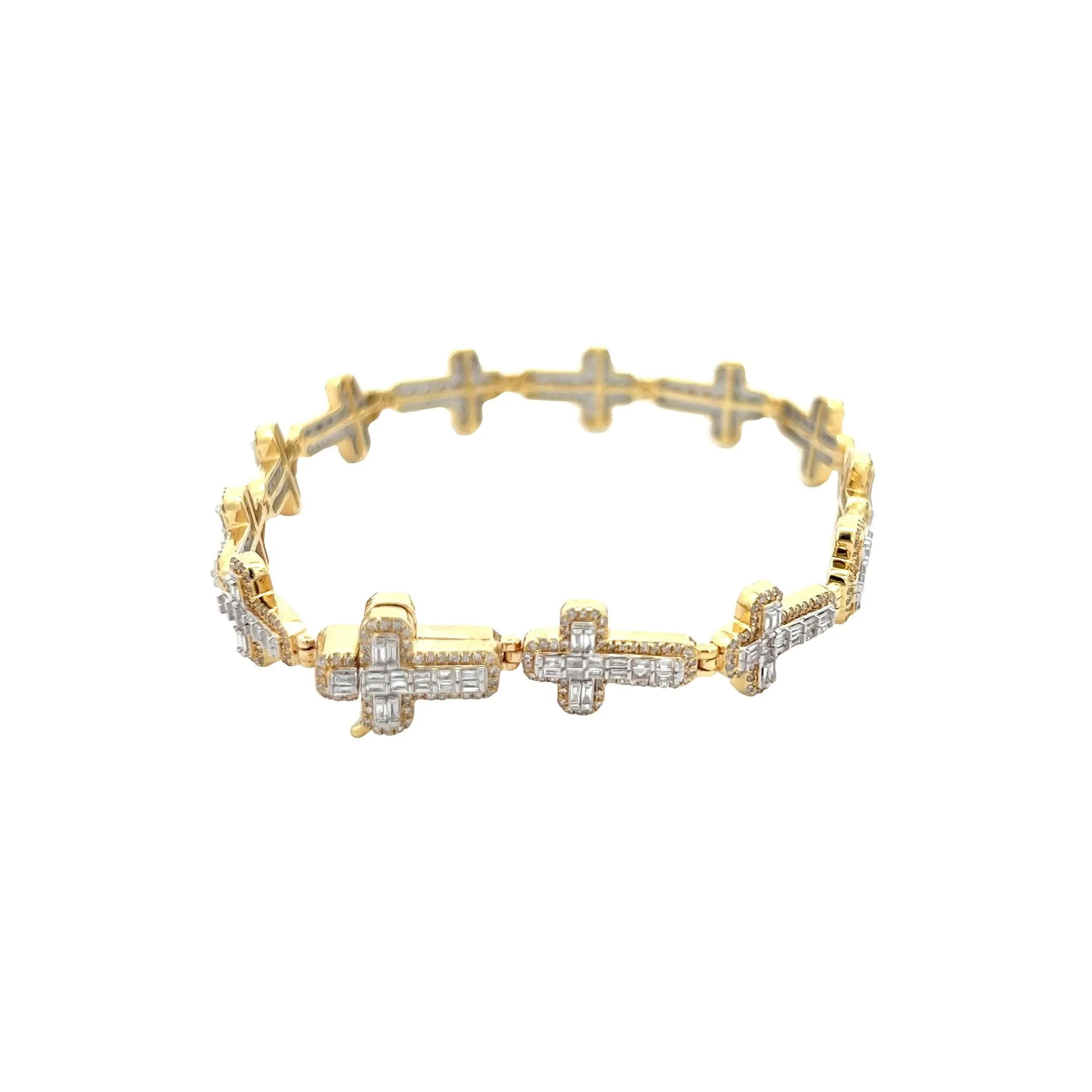 10K GOLD ROUND AND BAGUETTE DIAMOND CROSS BRACELET 2.60 CT