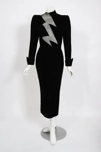 1989 Thierry Mugler Runway Black Velvet Lightning Bolt Sheer Illusion Dress