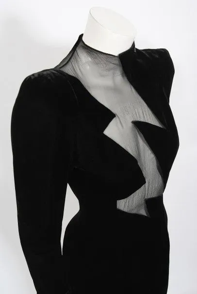 1989 Thierry Mugler Runway Black Velvet Lightning Bolt Sheer Illusion Dress