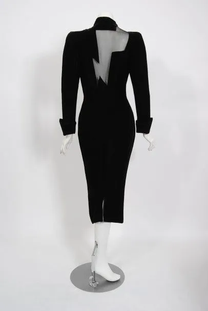 1989 Thierry Mugler Runway Black Velvet Lightning Bolt Sheer Illusion Dress