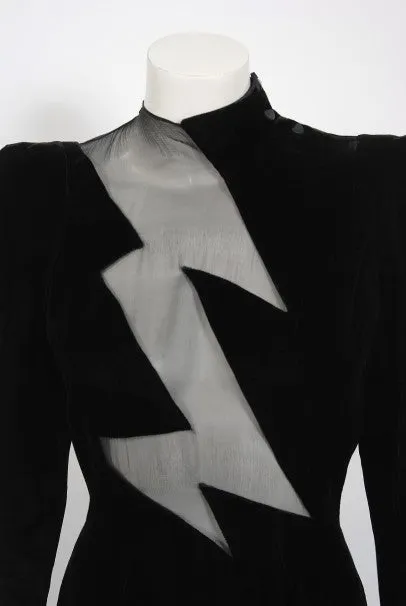 1989 Thierry Mugler Runway Black Velvet Lightning Bolt Sheer Illusion Dress