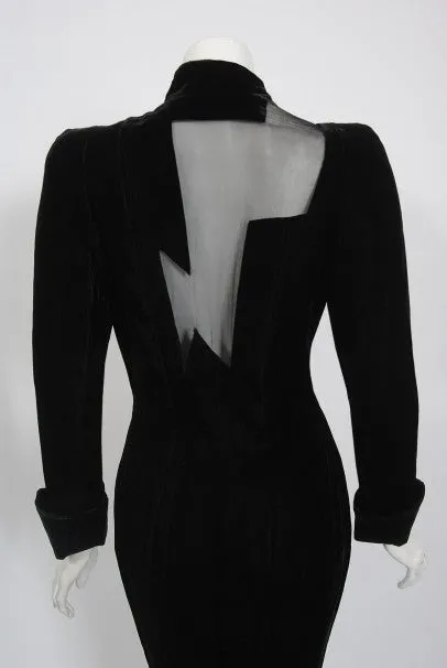 1989 Thierry Mugler Runway Black Velvet Lightning Bolt Sheer Illusion Dress