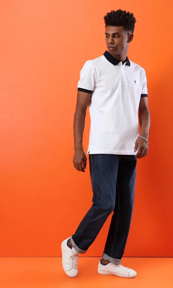 39408 Basic White Buttoned Neck Summer Polo Shirt