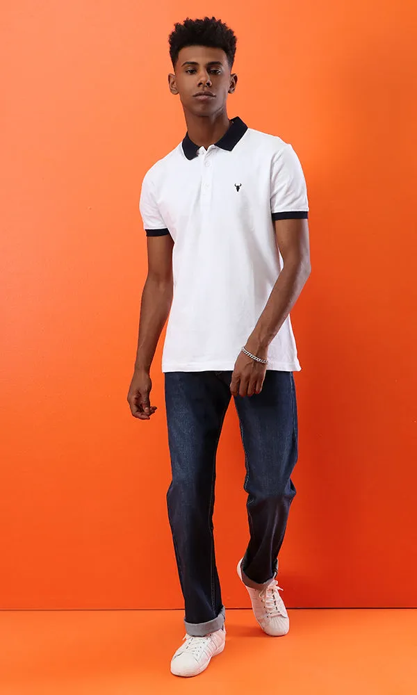 39408 Basic White Buttoned Neck Summer Polo Shirt