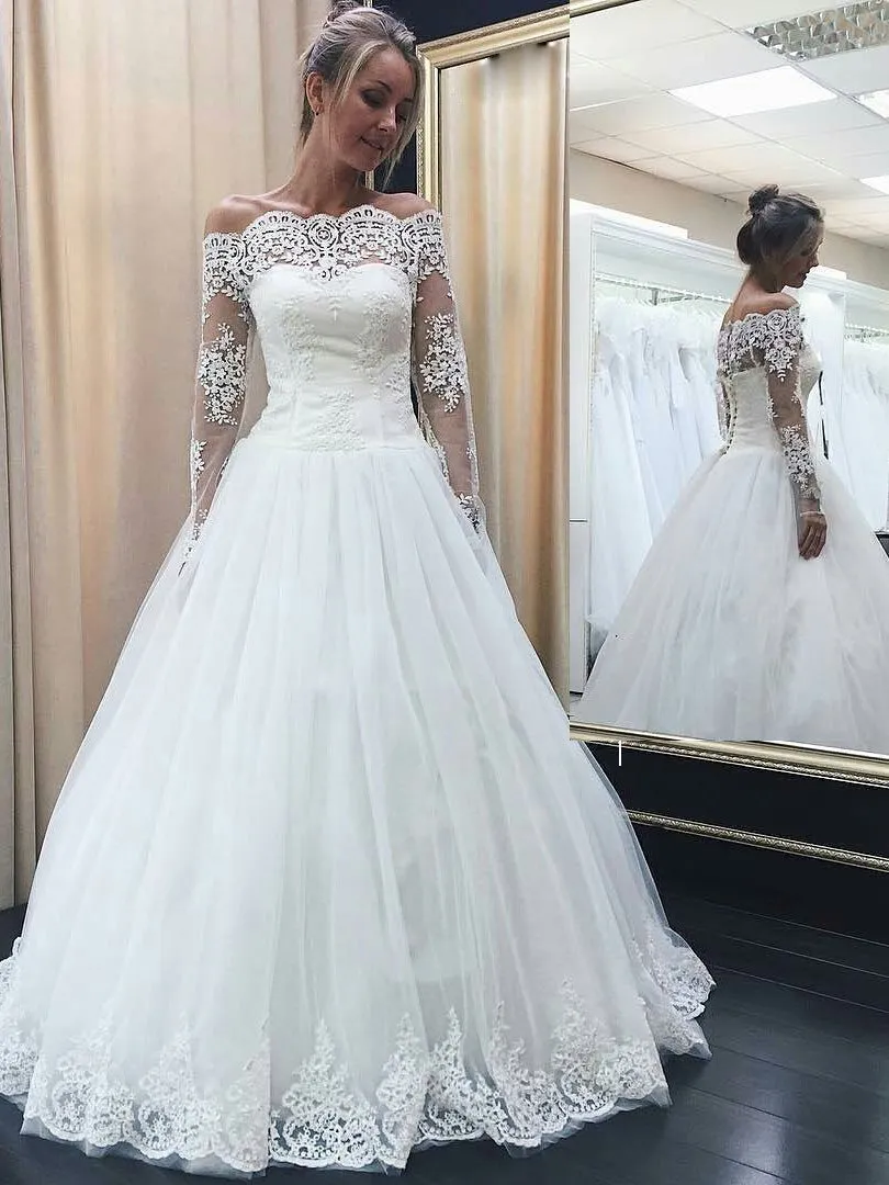 A-line Off-Shoulder Floor-Length Tulle Lace Wedding Dresses SWD004