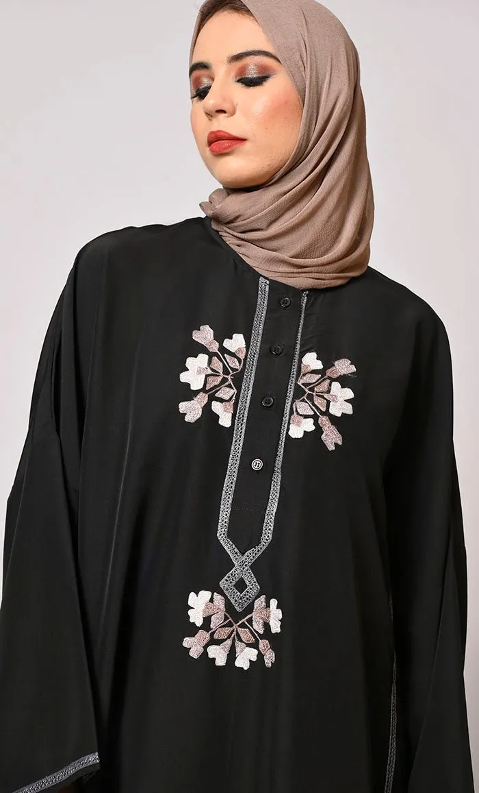 A Tapestry of Style: Black  Embroidered Pheran Like Abaya