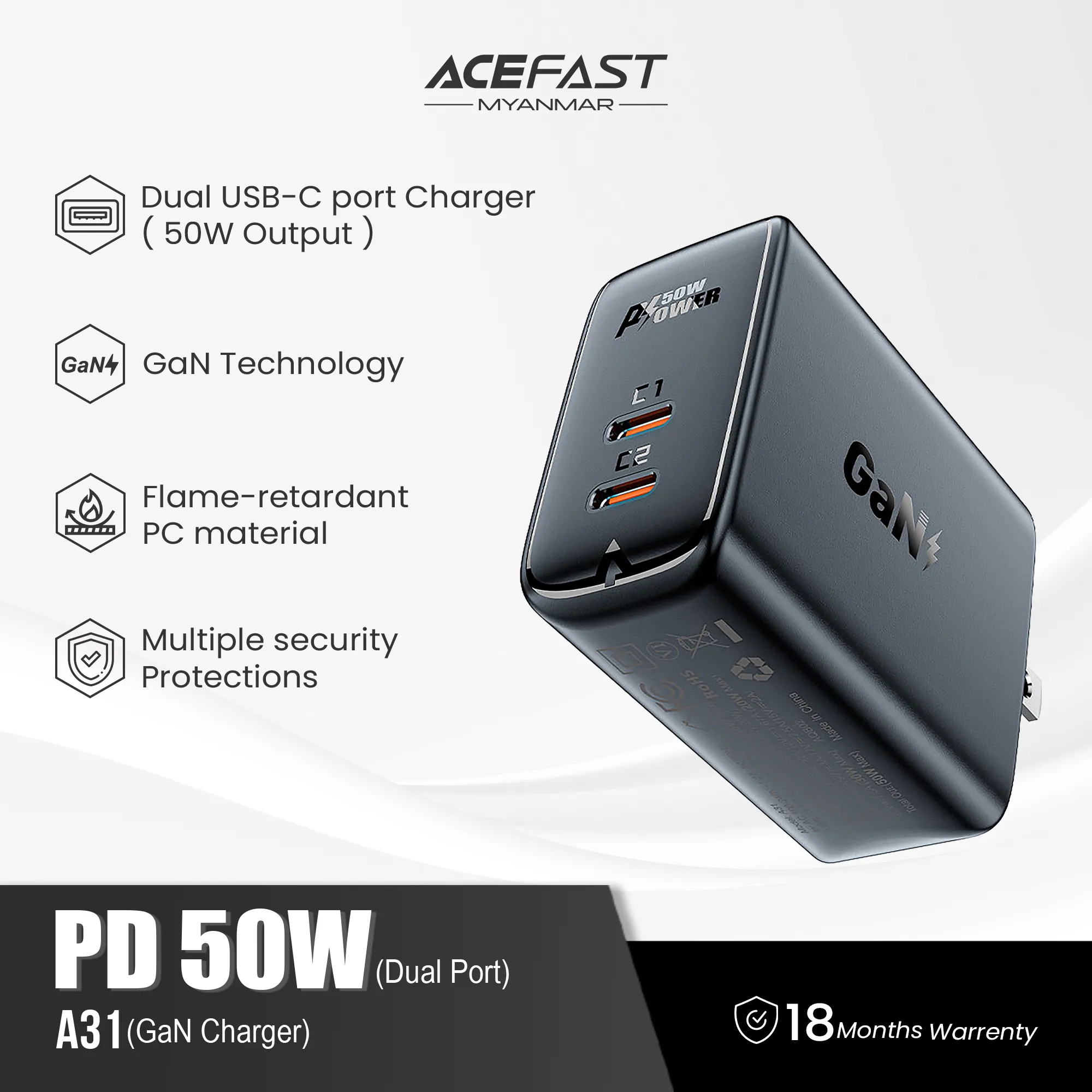 ACEFAST A31 PD 50W GAN (USB-C USB-C) DUAL PORT CHARGER - BLACK