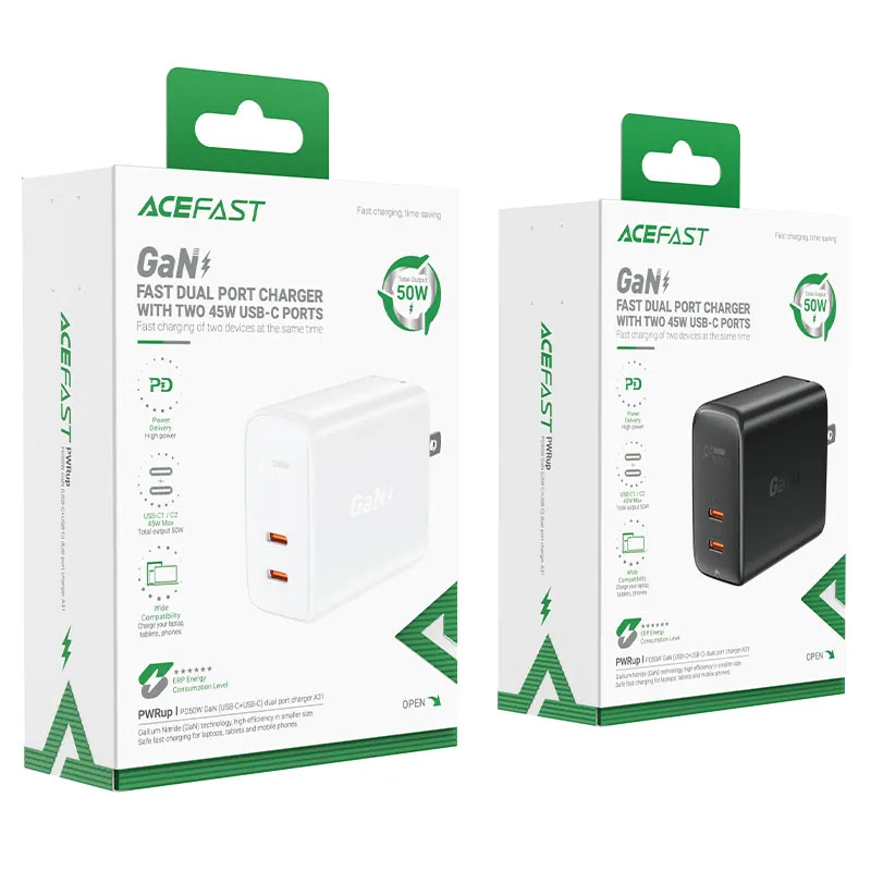 ACEFAST A31 PD 50W GAN (USB-C USB-C) DUAL PORT CHARGER - BLACK