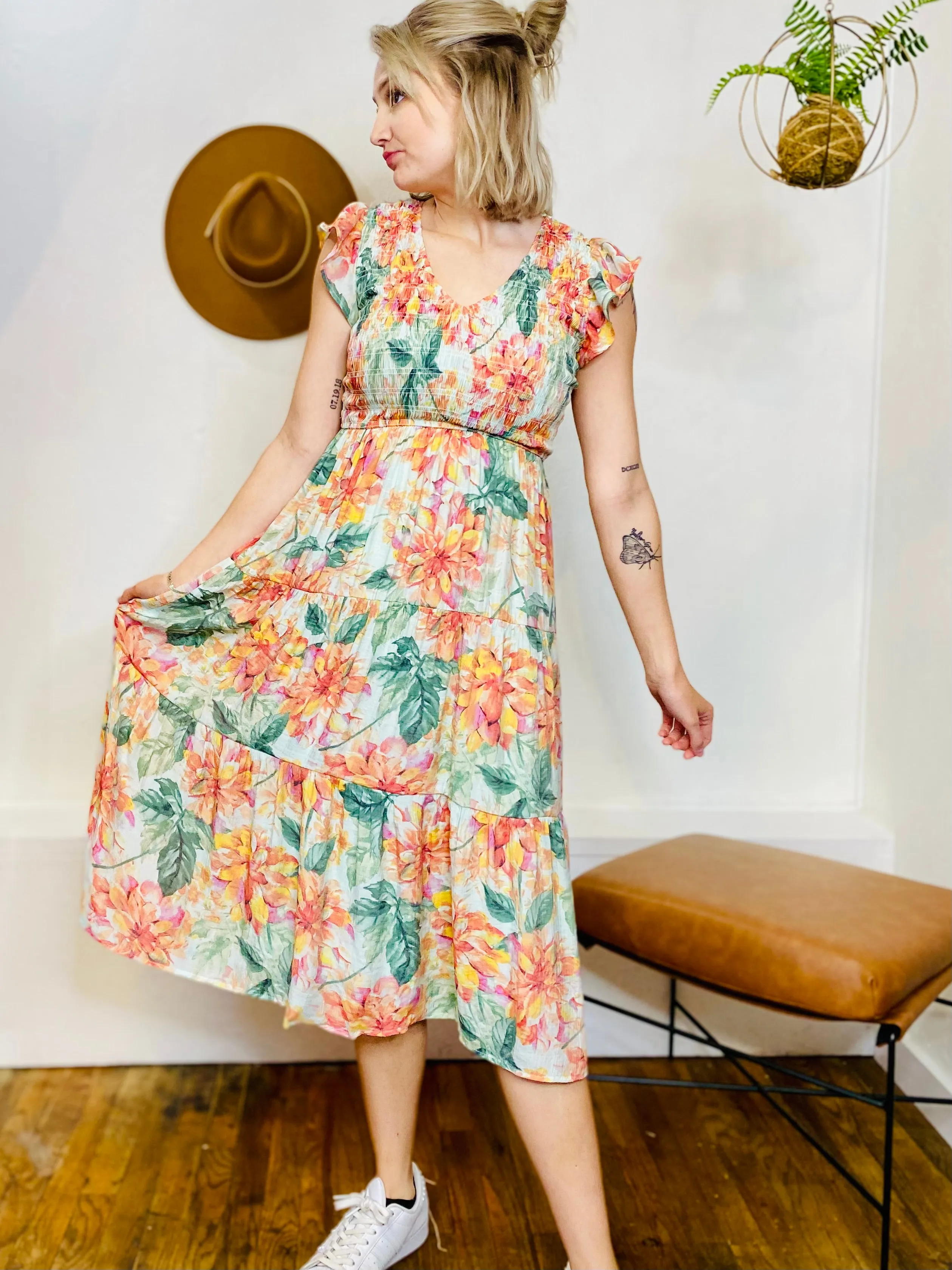 Agatha Floral Smocked Midi Dress