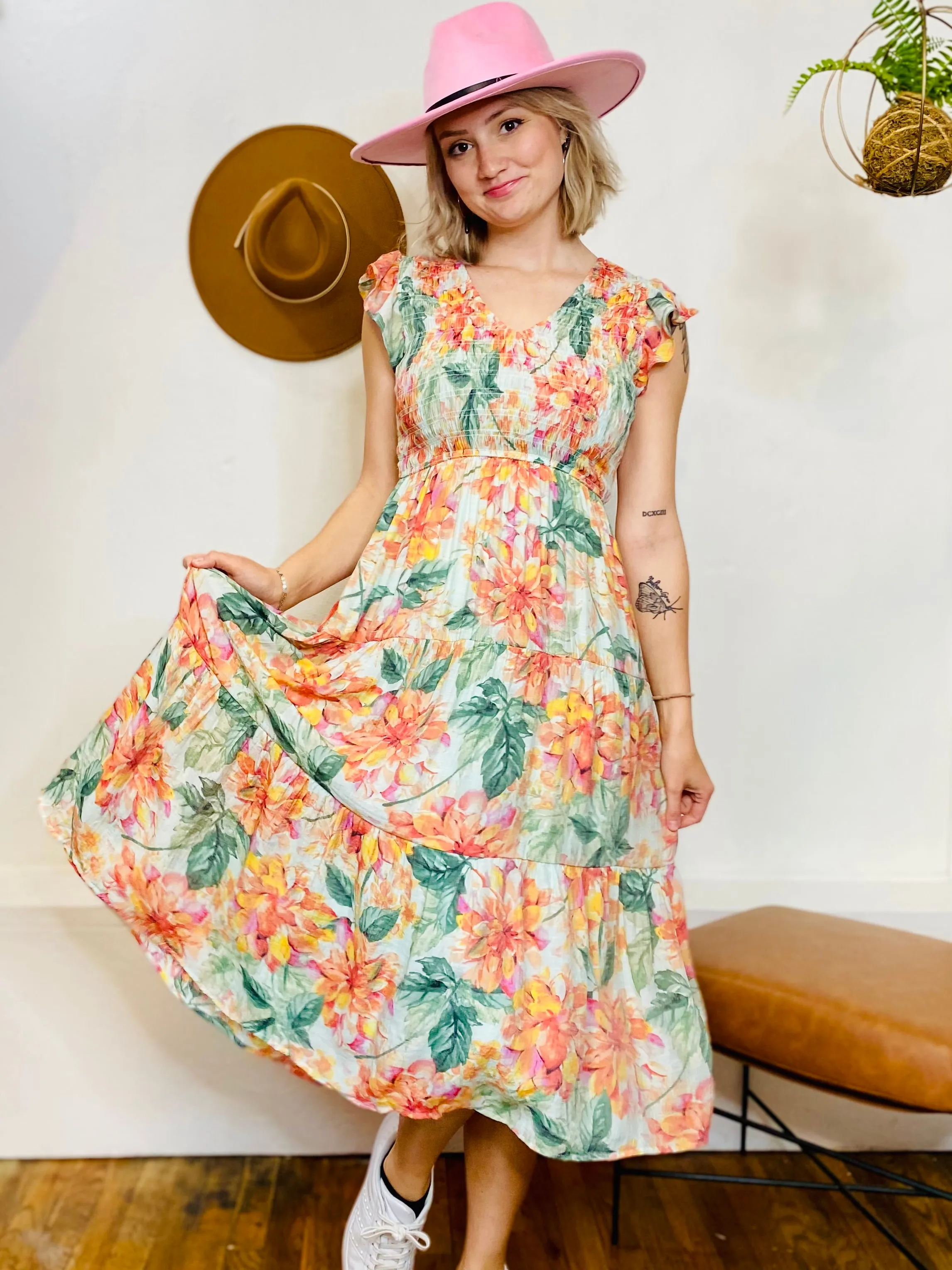 Agatha Floral Smocked Midi Dress