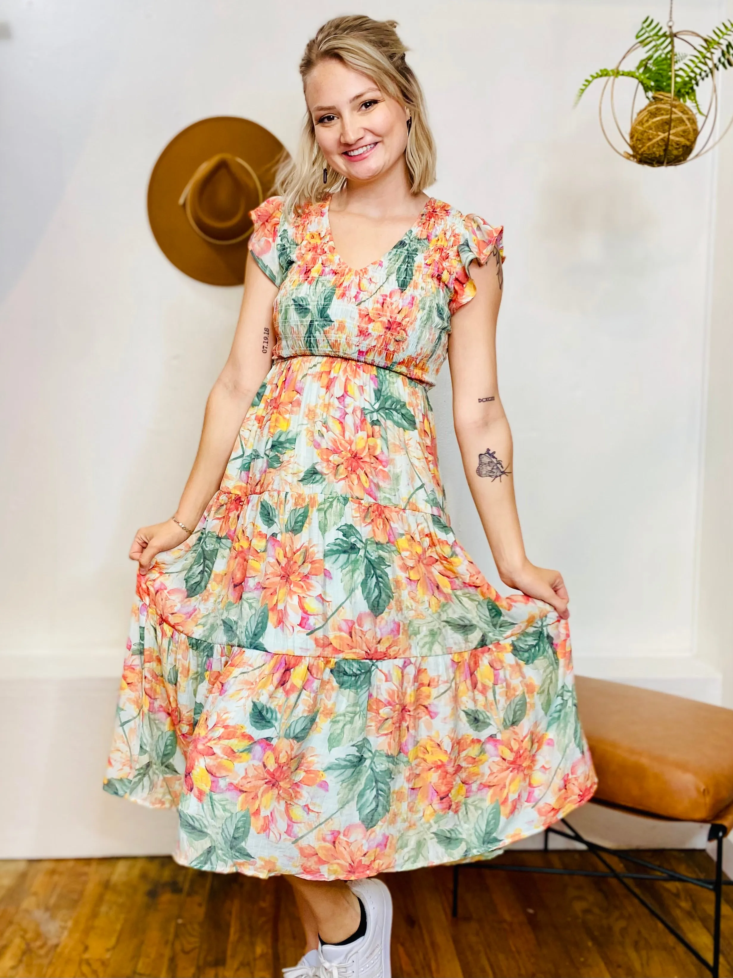 Agatha Floral Smocked Midi Dress