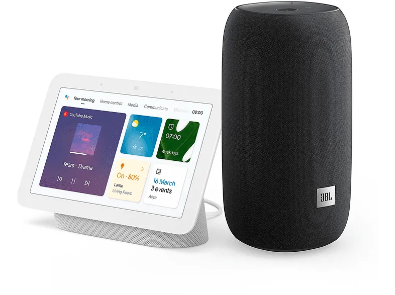 Altavoz inalámbrico - JBL Link Portable, 20 W, 360º, 8 horas, BT, Negro   Pantalla Inteligente Google Nest Hub