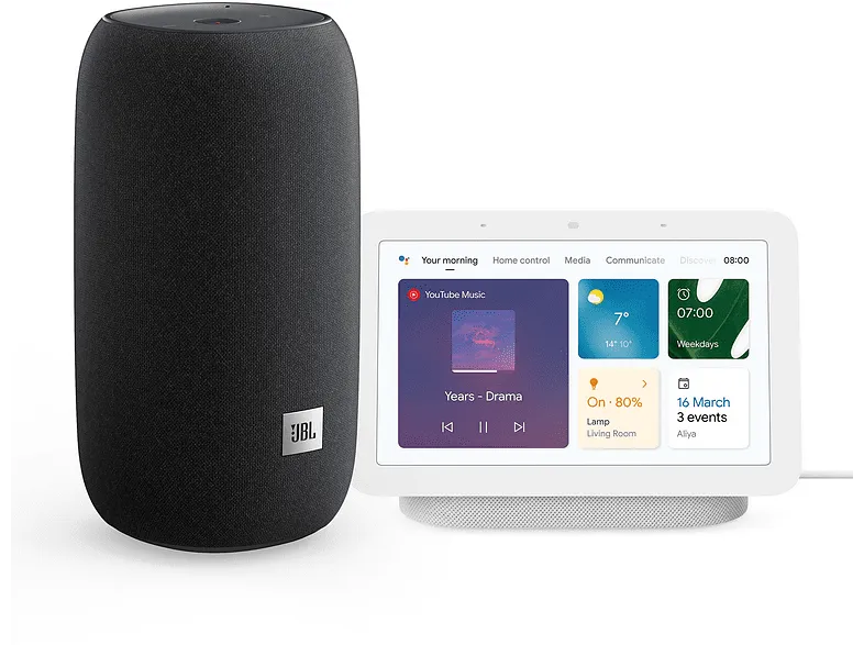 Altavoz inalámbrico - JBL Link Portable, 20 W, 360º, 8 horas, BT, Negro   Pantalla Inteligente Google Nest Hub