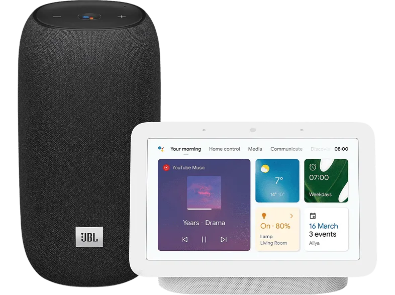 Altavoz inalámbrico - JBL Link Portable, 20 W, 360º, 8 horas, BT, Negro   Pantalla Inteligente Google Nest Hub