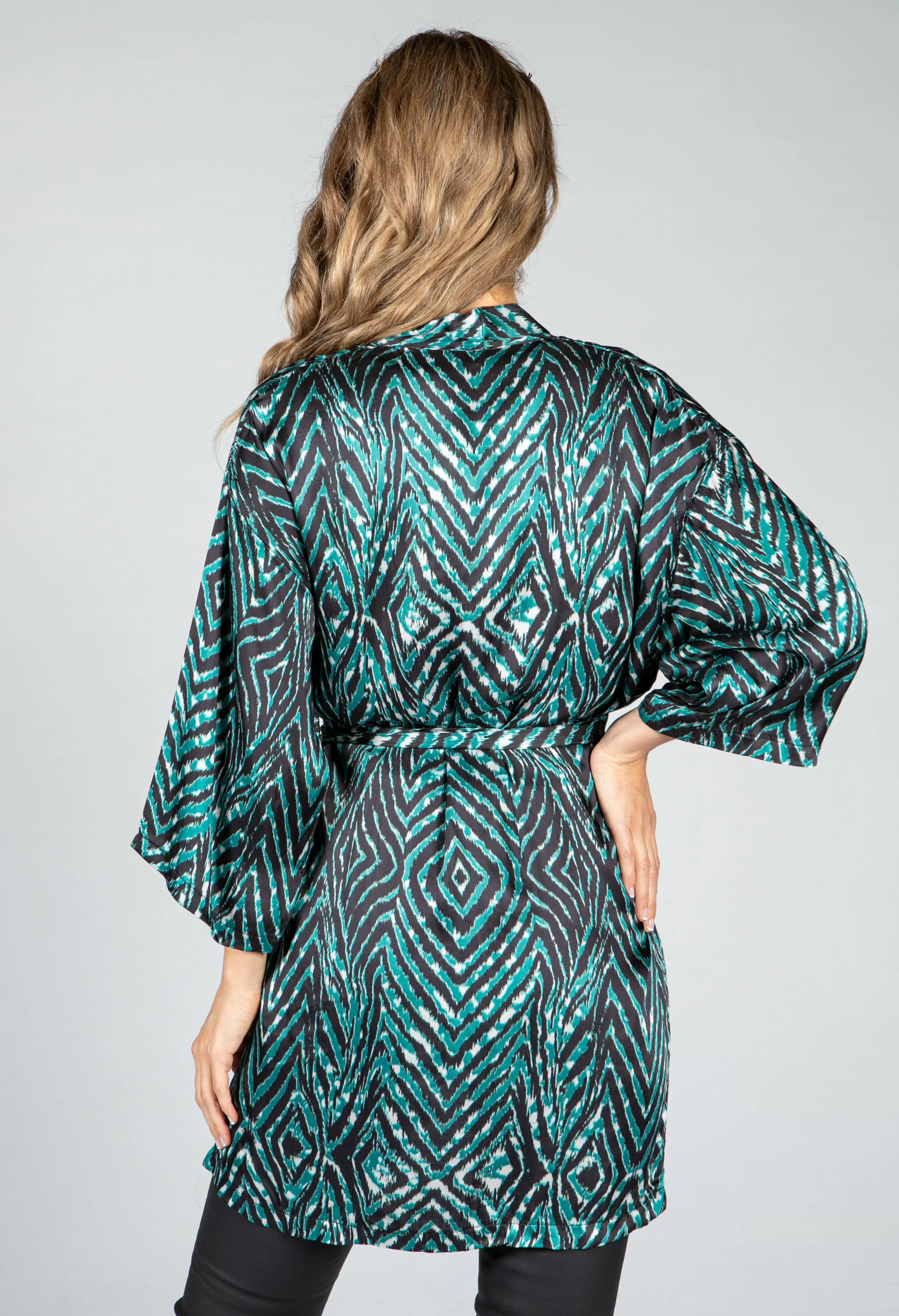 Animal Print Silk Blend Kimono Style Cardigan in Jade Green