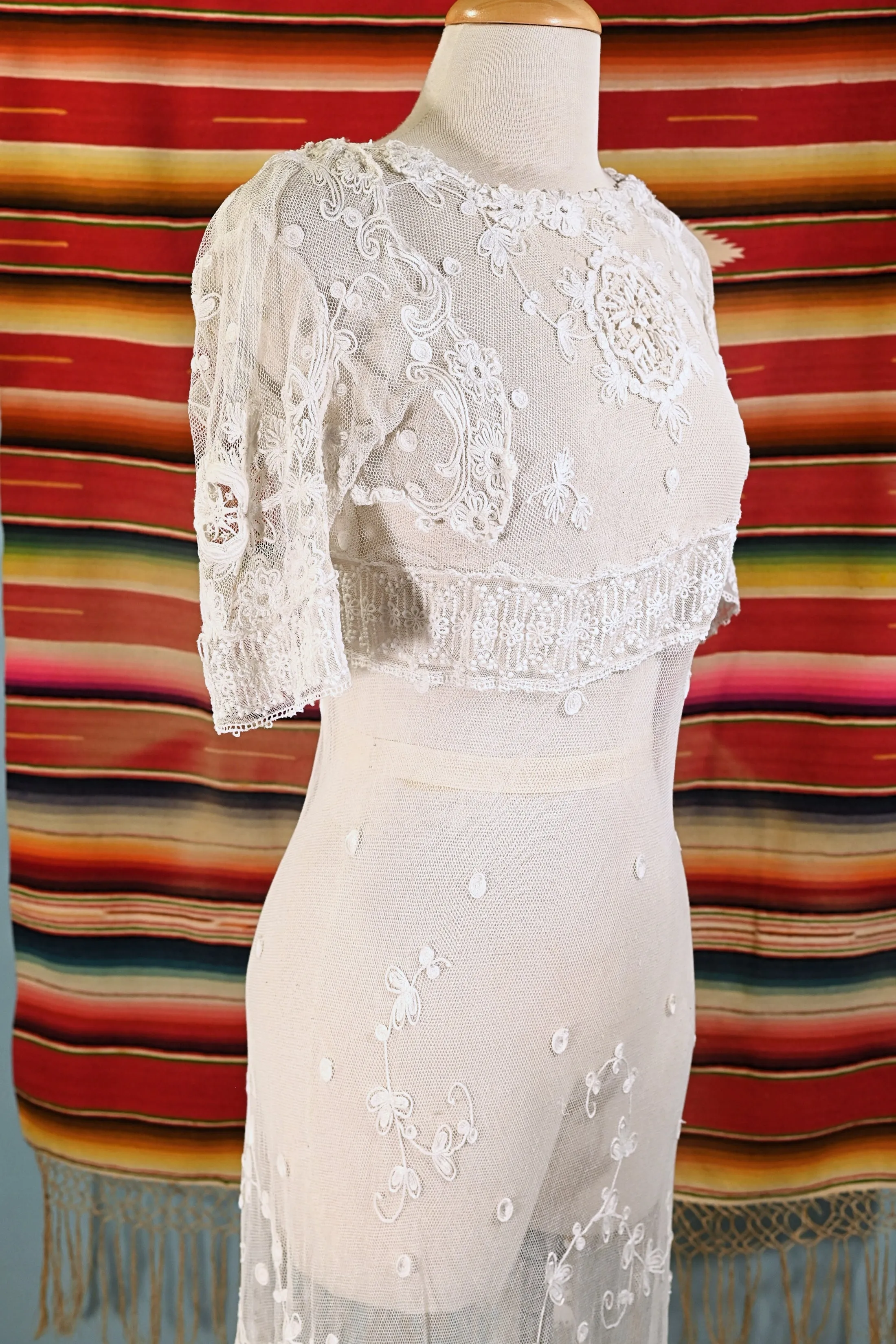 Antique White Net/Embroidered Lace Edwardian/Victorian Dress XS