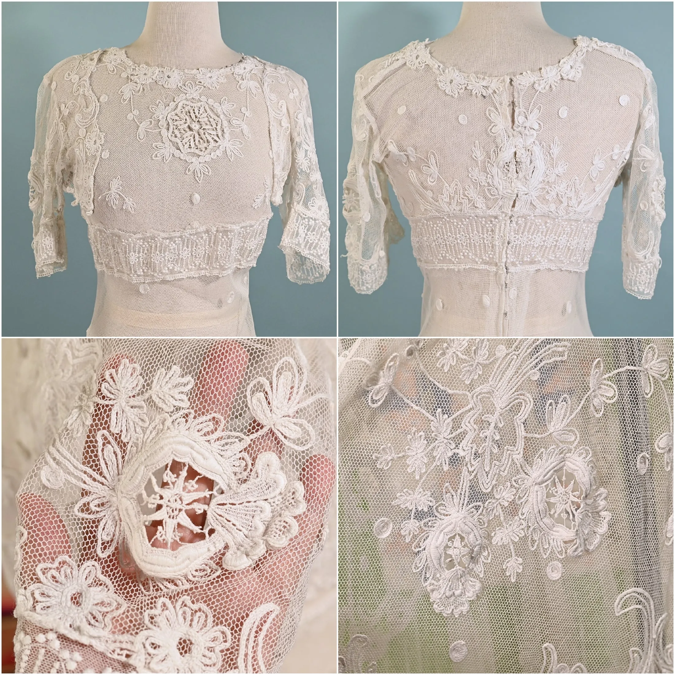 Antique White Net/Embroidered Lace Edwardian/Victorian Dress XS