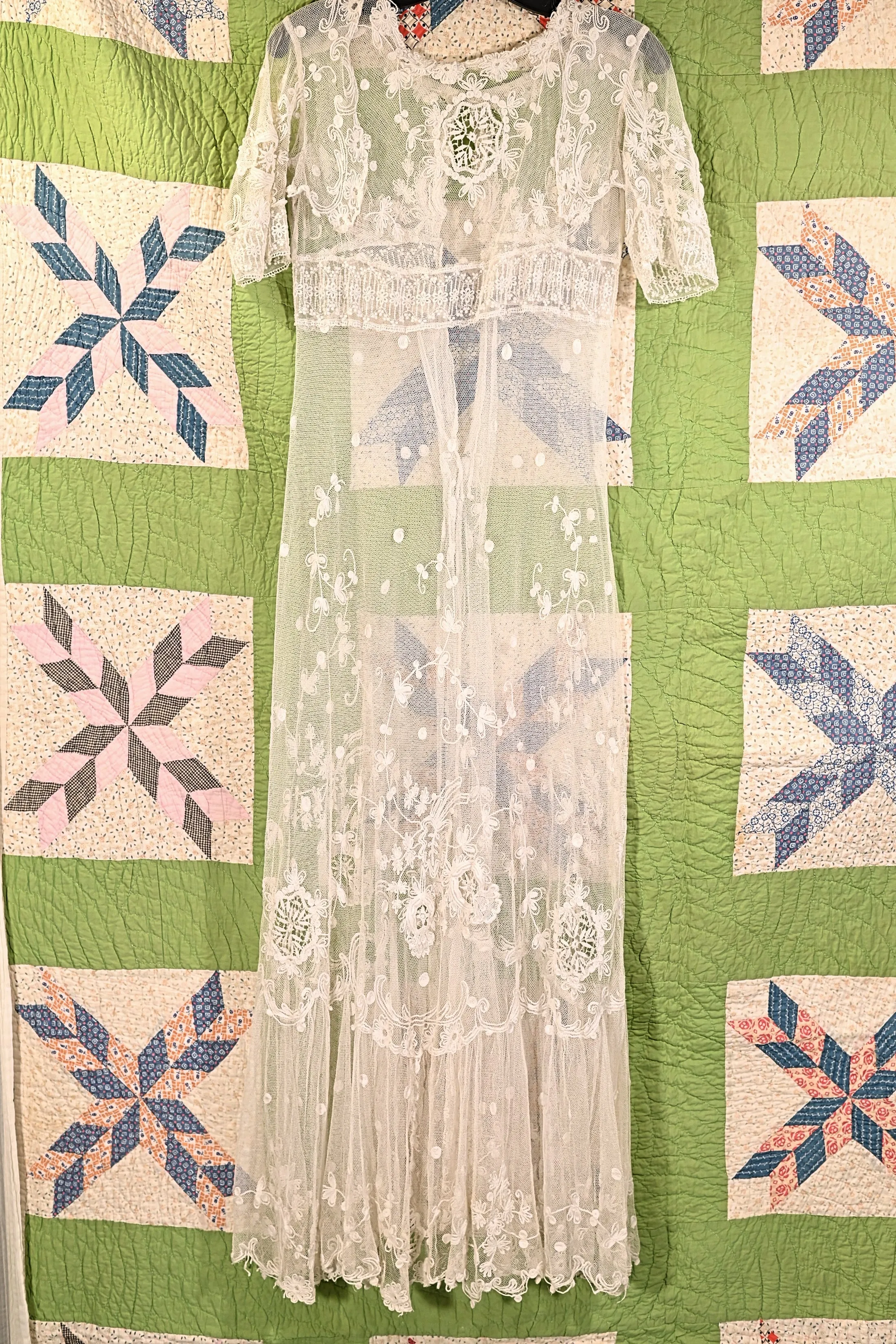 Antique White Net/Embroidered Lace Edwardian/Victorian Dress XS