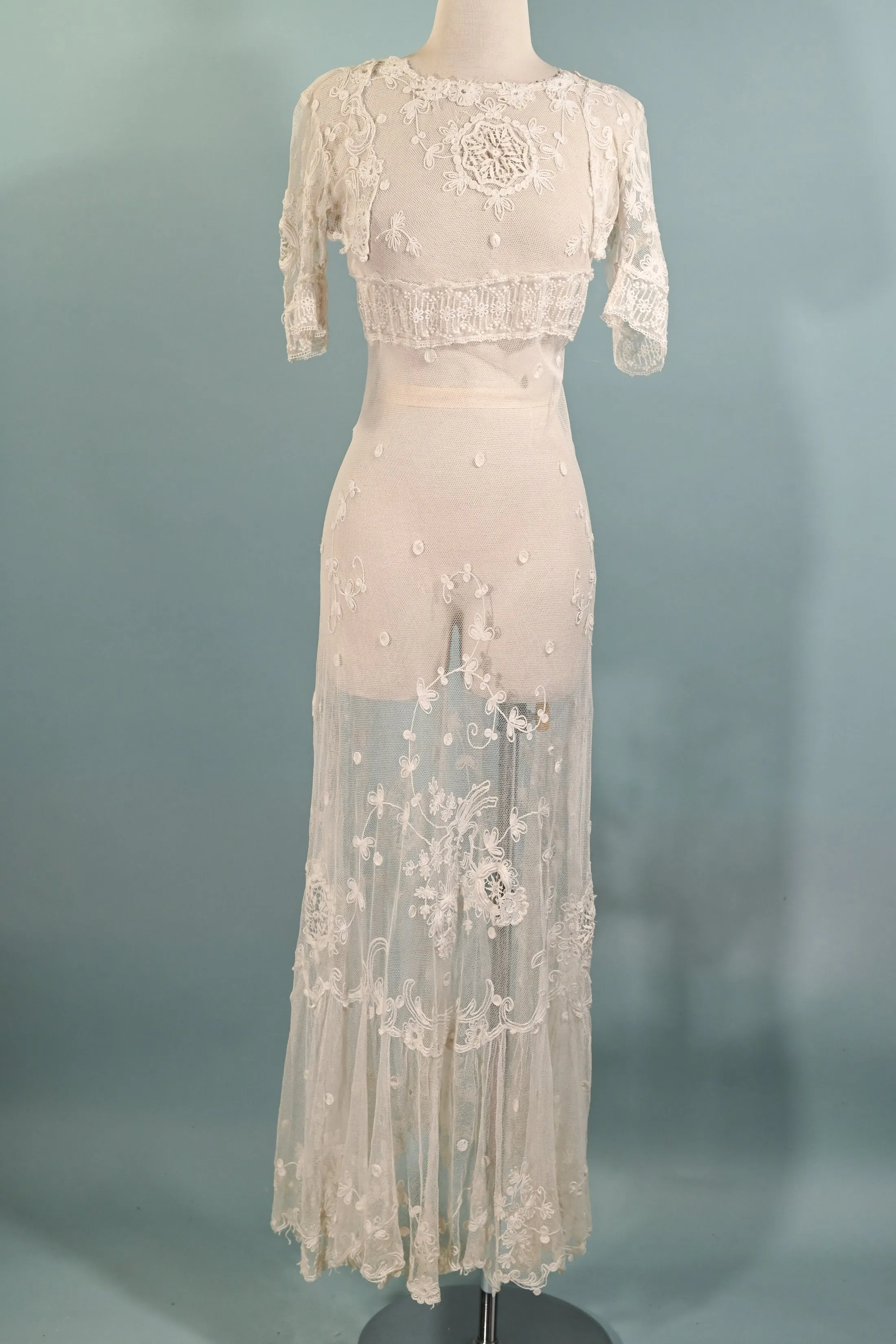 Antique White Net/Embroidered Lace Edwardian/Victorian Dress XS