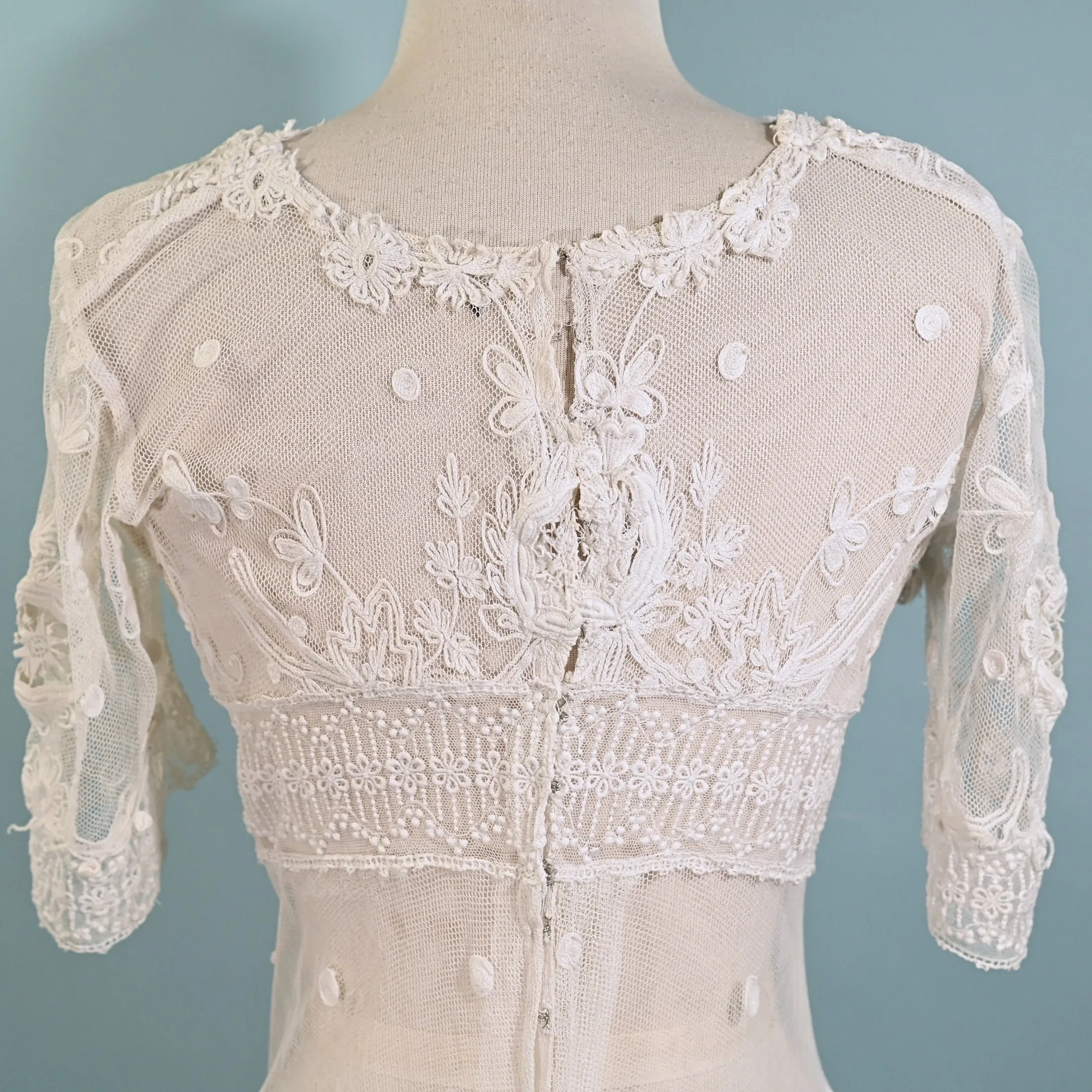 Antique White Net/Embroidered Lace Edwardian/Victorian Dress XS