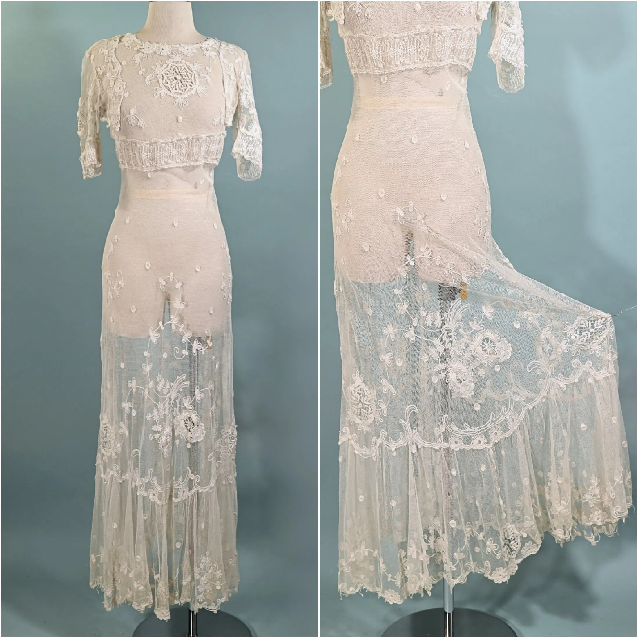 Antique White Net/Embroidered Lace Edwardian/Victorian Dress XS