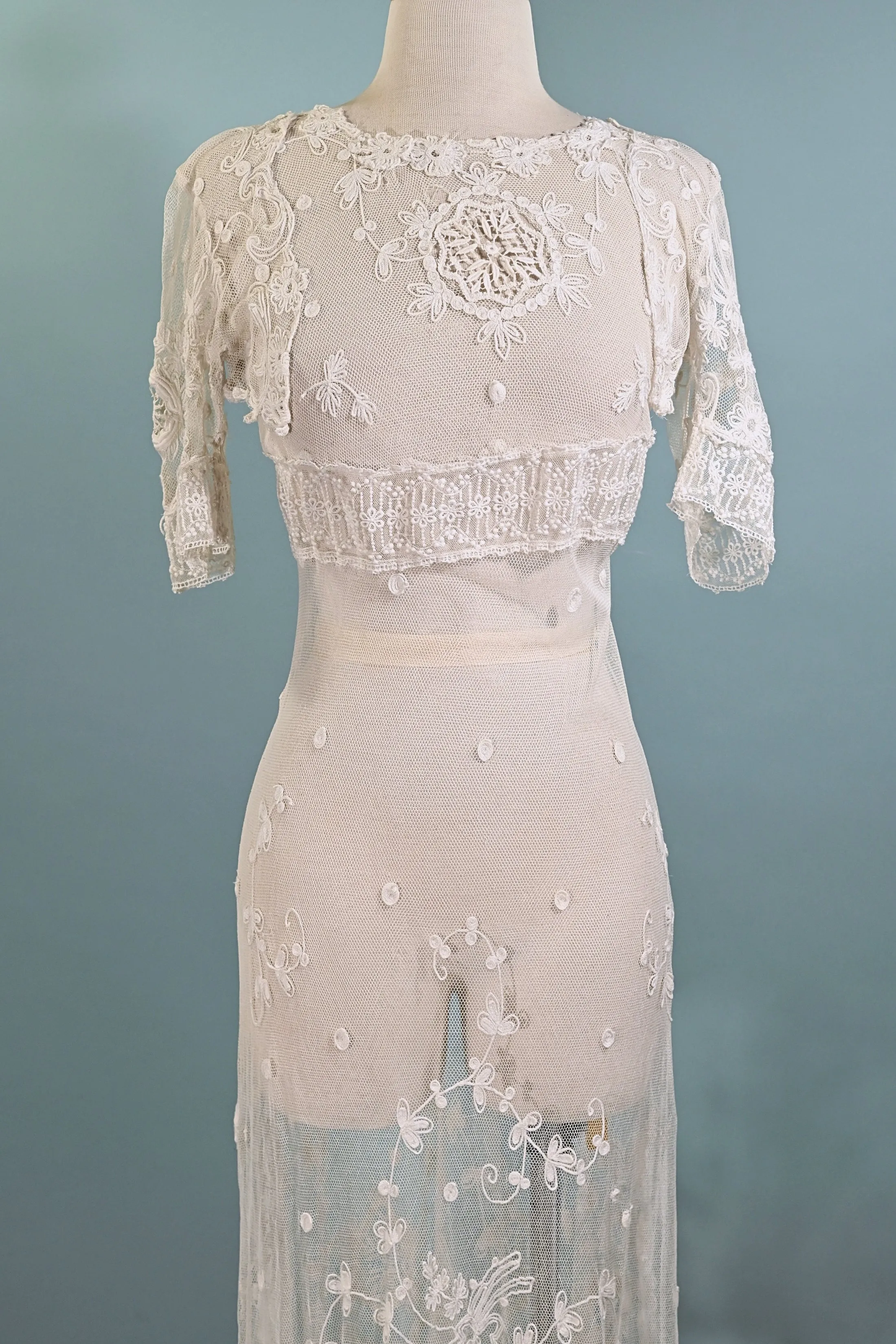 Antique White Net/Embroidered Lace Edwardian/Victorian Dress XS