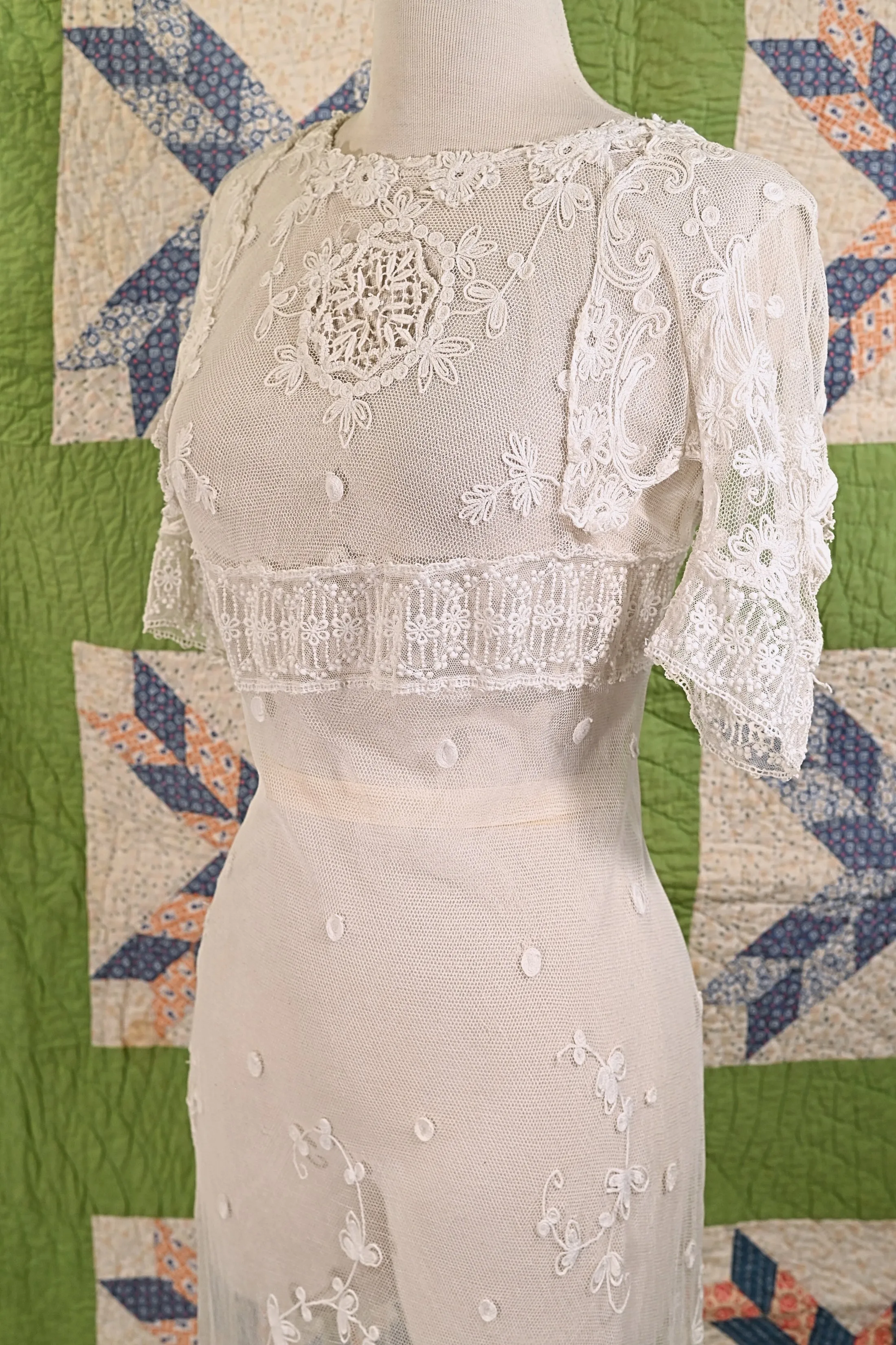 Antique White Net/Embroidered Lace Edwardian/Victorian Dress XS