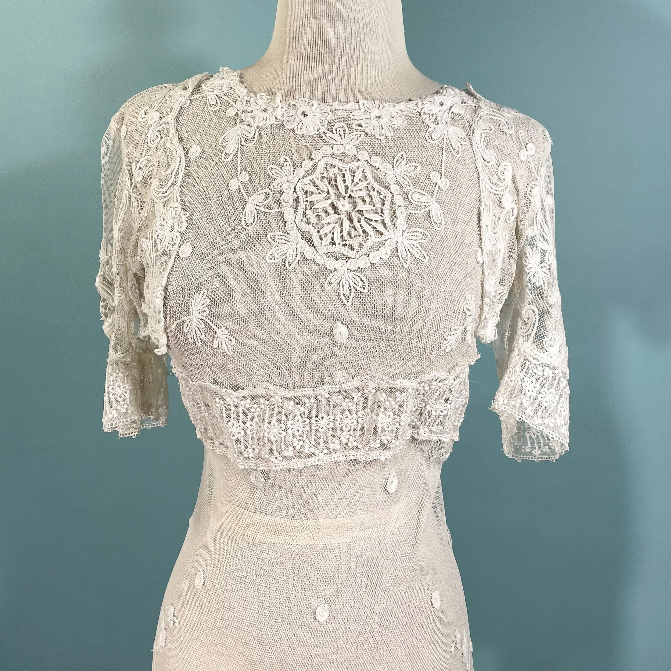 Antique White Net/Embroidered Lace Edwardian/Victorian Dress XS