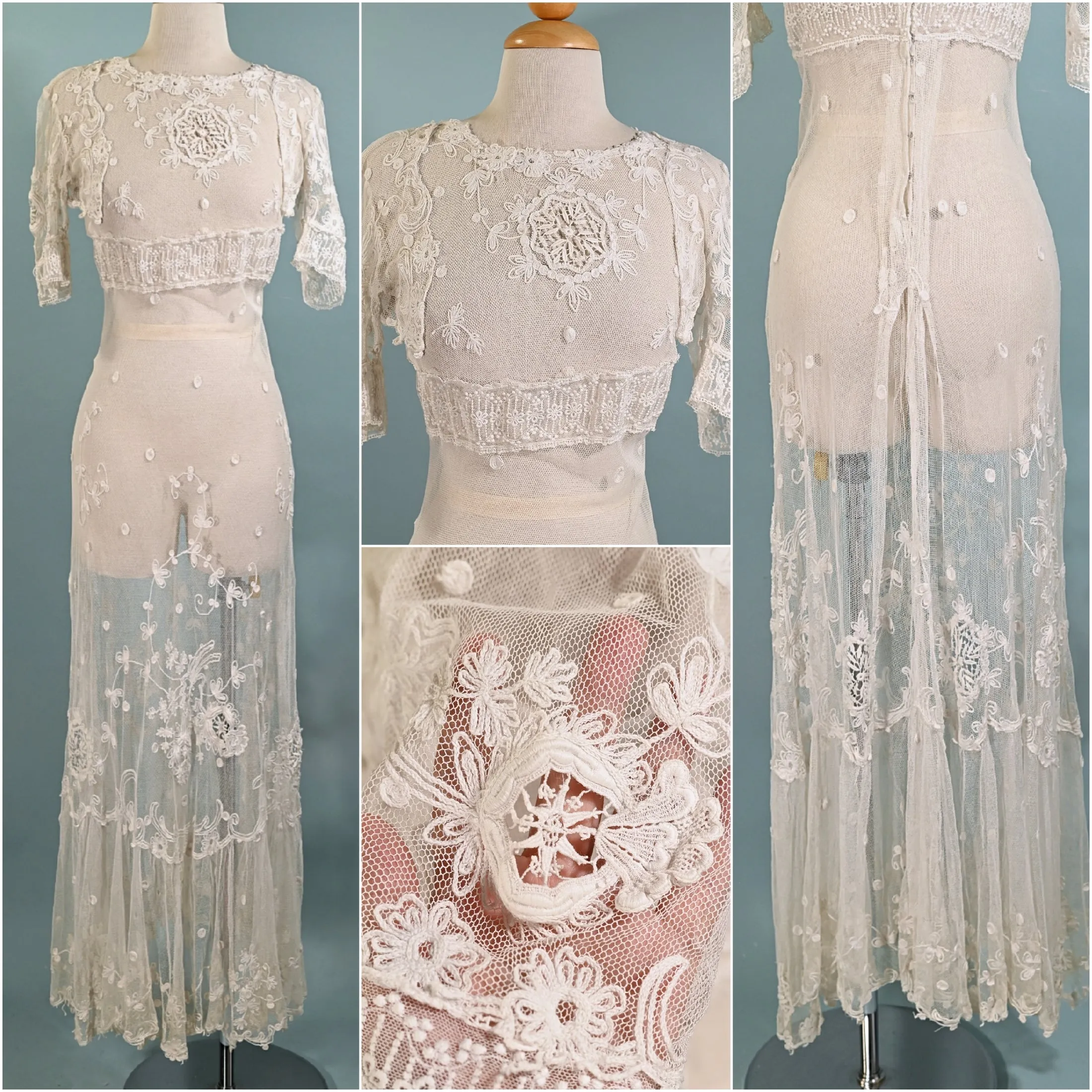 Antique White Net/Embroidered Lace Edwardian/Victorian Dress XS