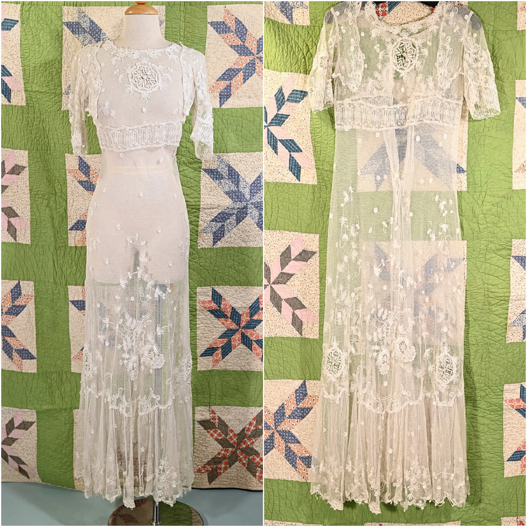 Antique White Net/Embroidered Lace Edwardian/Victorian Dress XS