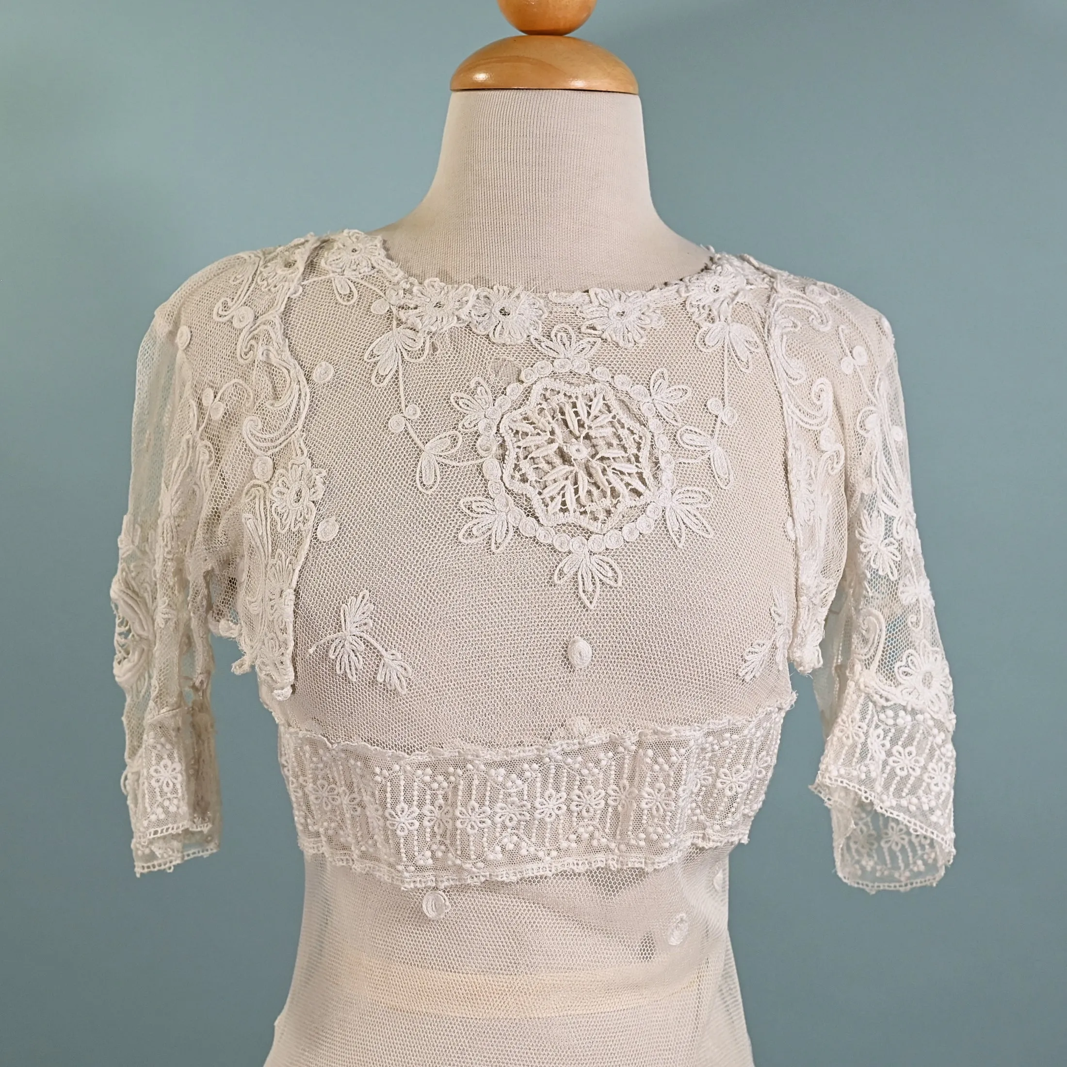 Antique White Net/Embroidered Lace Edwardian/Victorian Dress XS