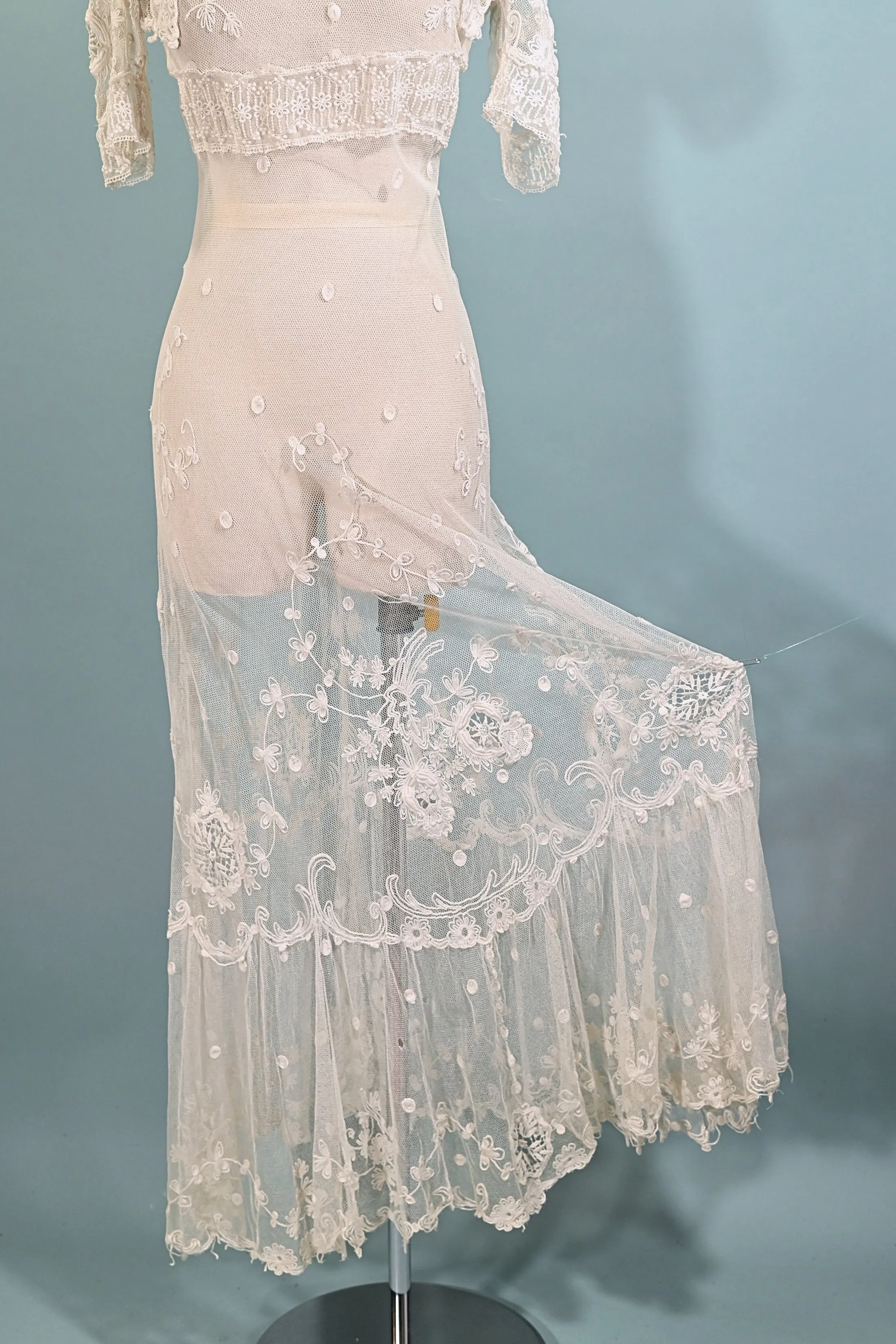 Antique White Net/Embroidered Lace Edwardian/Victorian Dress XS