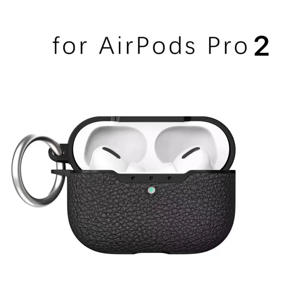 Apple AirPods Pro 2nd Gen (2022) Plastik Cover m. Lædertekstur og Nøglering - Sort