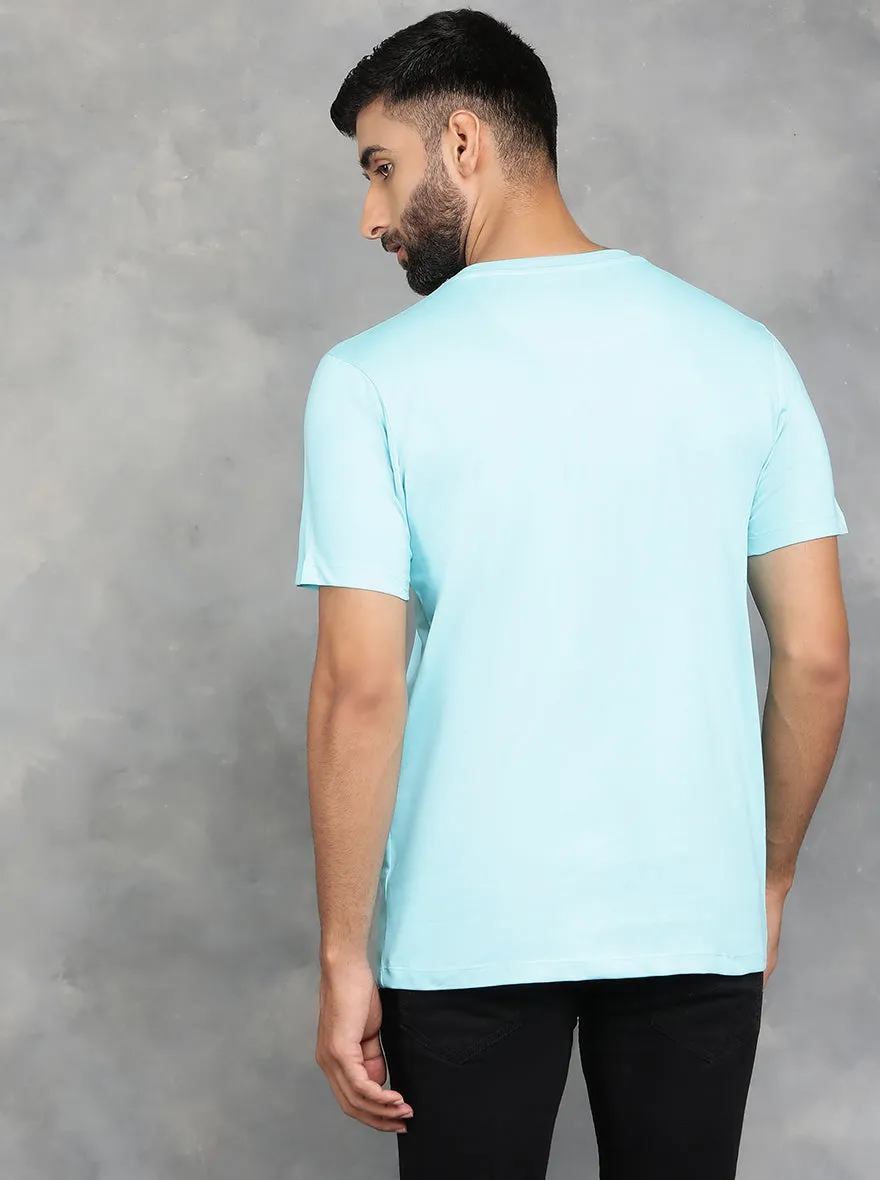 Aqua Blue Printed Slim Fit T-Shirt | GreenFibre