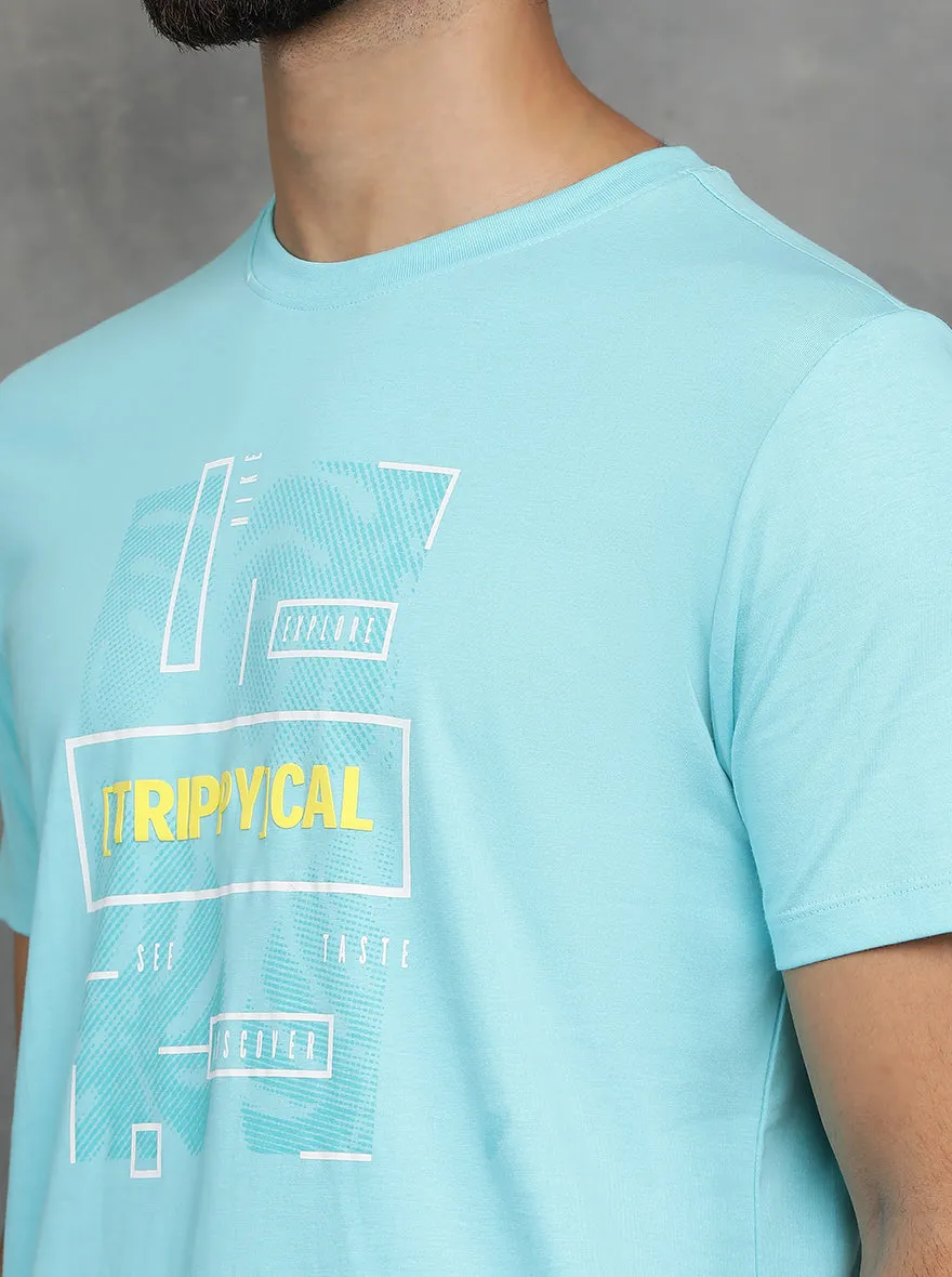 Aqua Blue Printed Slim Fit T-Shirt | GreenFibre