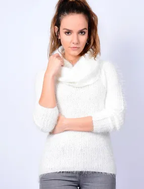 Ar Pierce V Neck Knit Jumper with Detachable Snood in Snow White - Amara Reya