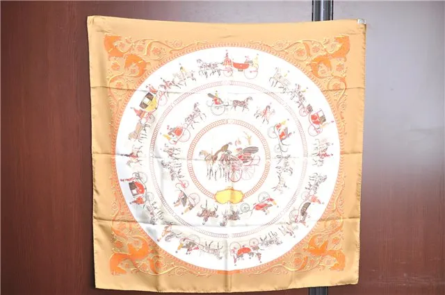 Auth HERMES Carre 90 Scarf "LA PROMENADE DE LONGCHAMPS" Silk Brown Box J8723