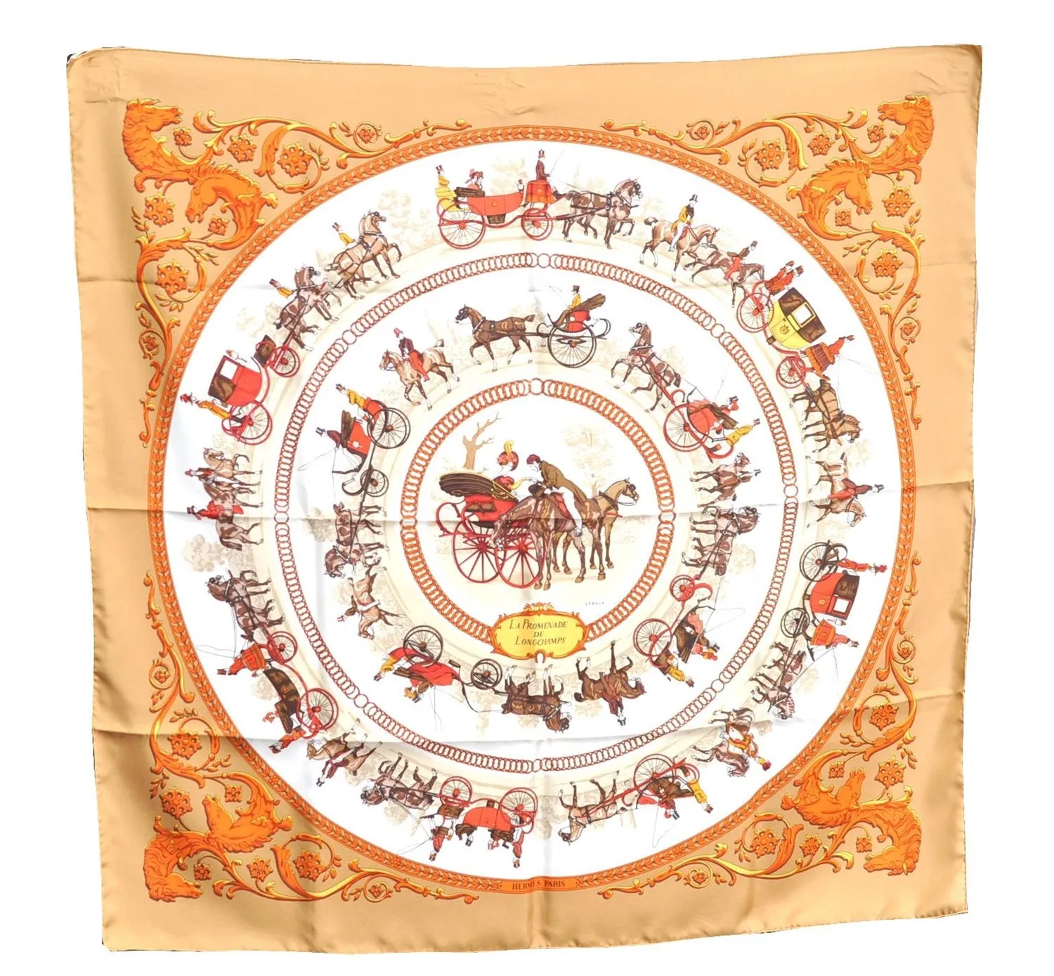 Auth HERMES Carre 90 Scarf "LA PROMENADE DE LONGCHAMPS" Silk Brown Box J8723