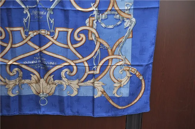 Auth HERMES Carre 90 Scarf "Par Mefsire ANTOINE DE PLVVINEL" Silk Blue J4623