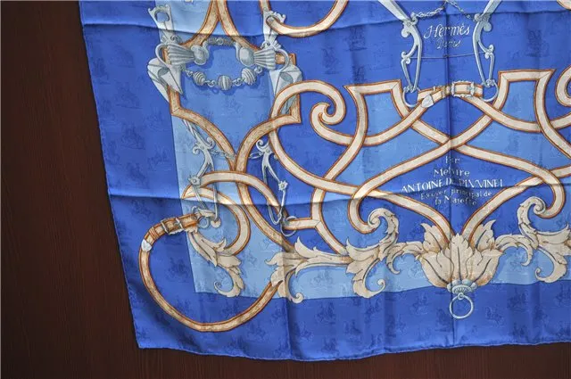 Auth HERMES Carre 90 Scarf "Par Mefsire ANTOINE DE PLVVINEL" Silk Blue J4623