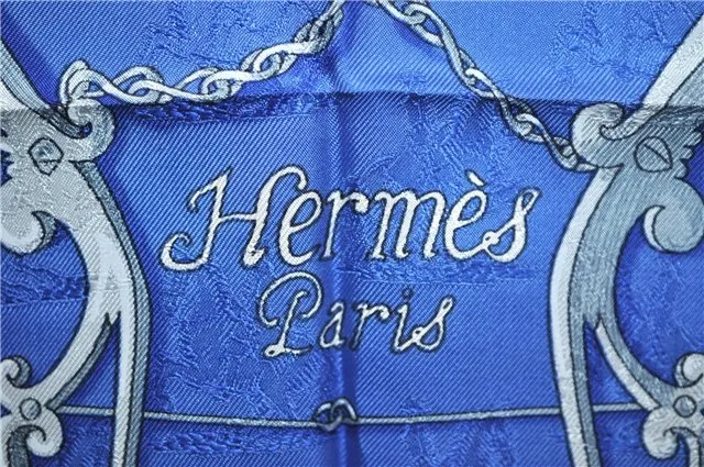 Auth HERMES Carre 90 Scarf "Par Mefsire ANTOINE DE PLVVINEL" Silk Blue J4623