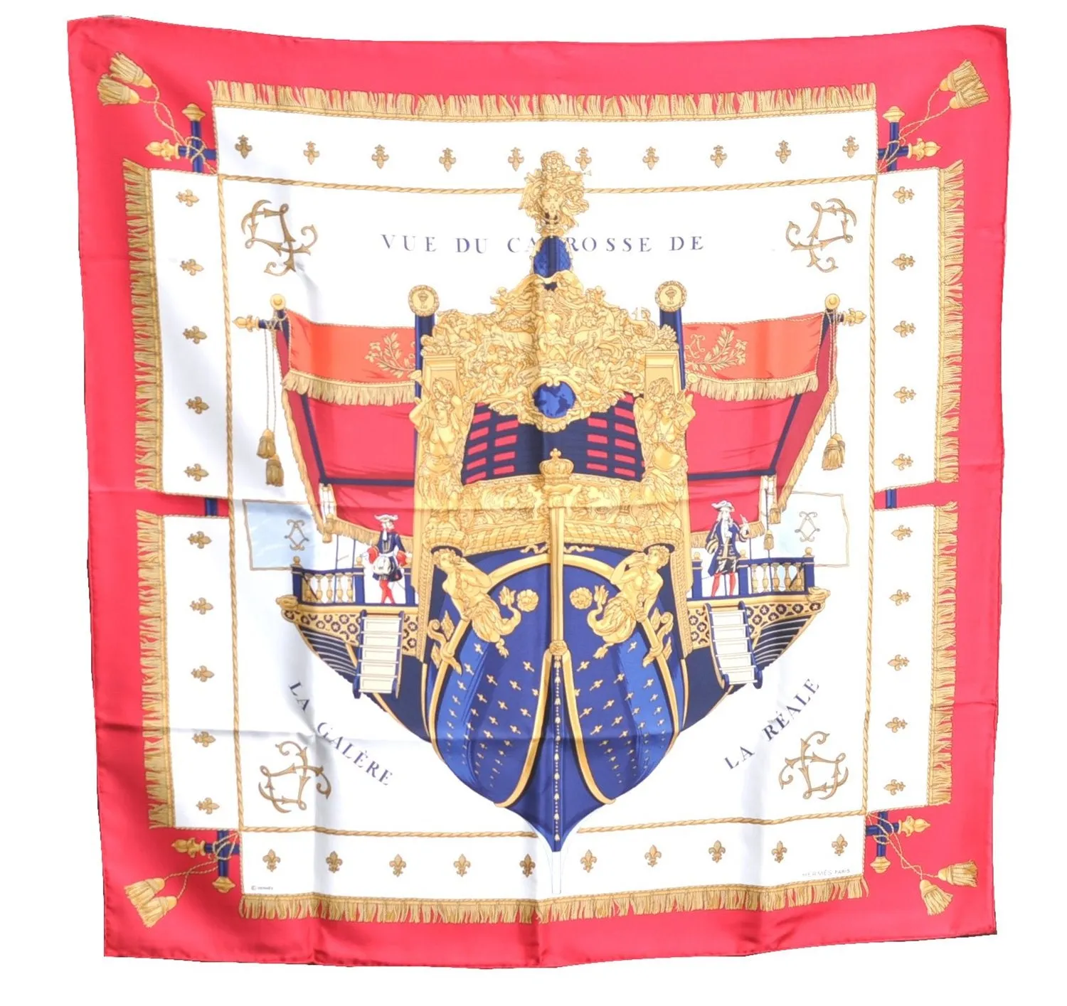 Auth HERMES Carre 90 Scarf "VUE DU CARROSSE DE LA GALERE" Silk Red Box J7532