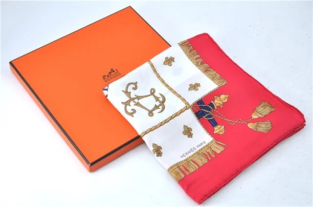 Auth HERMES Carre 90 Scarf "VUE DU CARROSSE DE LA GALERE" Silk Red Box J7532