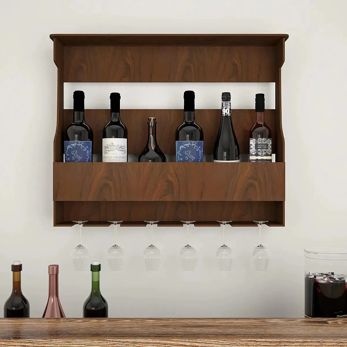 Backlit Design MDF Bar Wall Shelf / Mini Bar Shelf in Walnut Finish