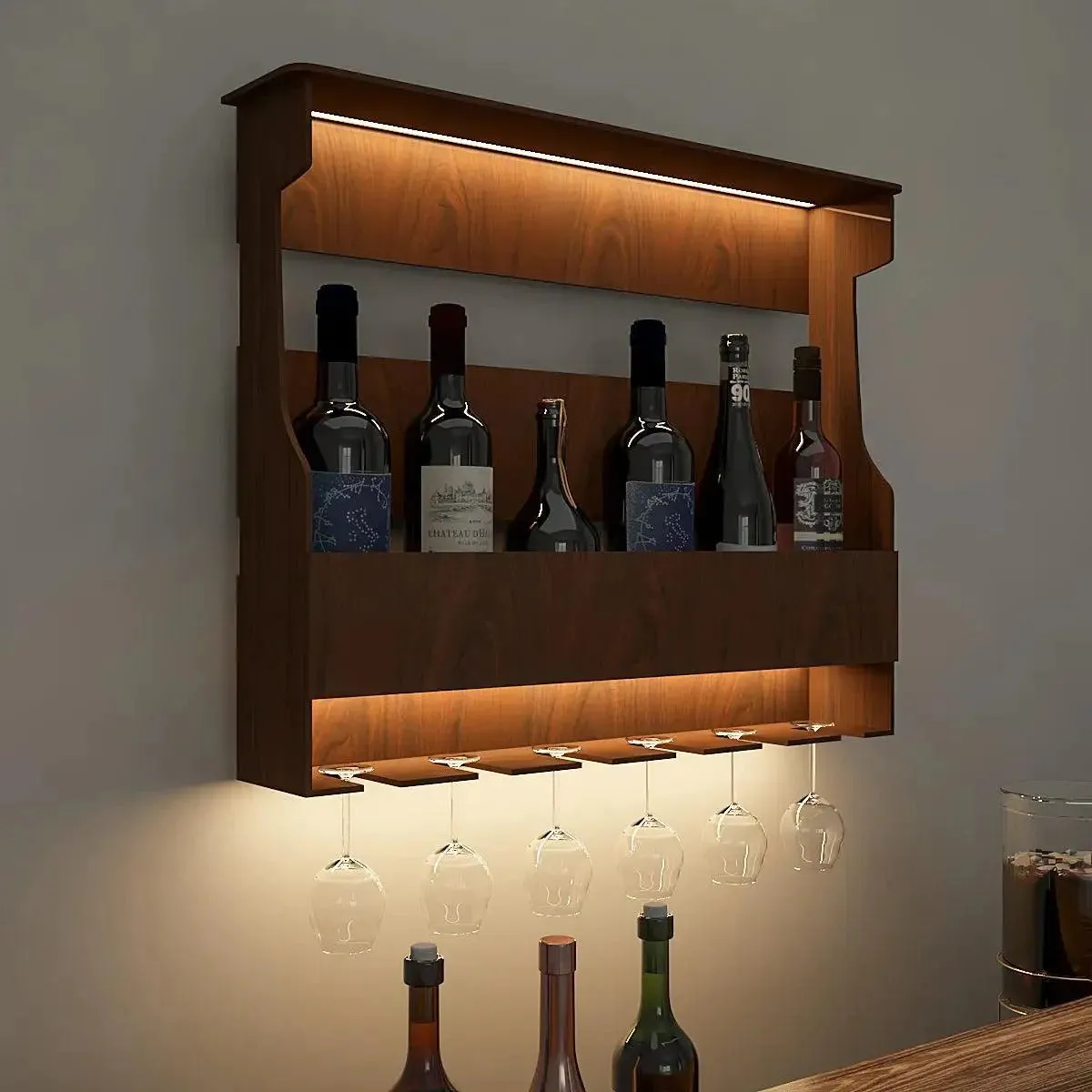 Backlit Design MDF Bar Wall Shelf / Mini Bar Shelf in Walnut Finish