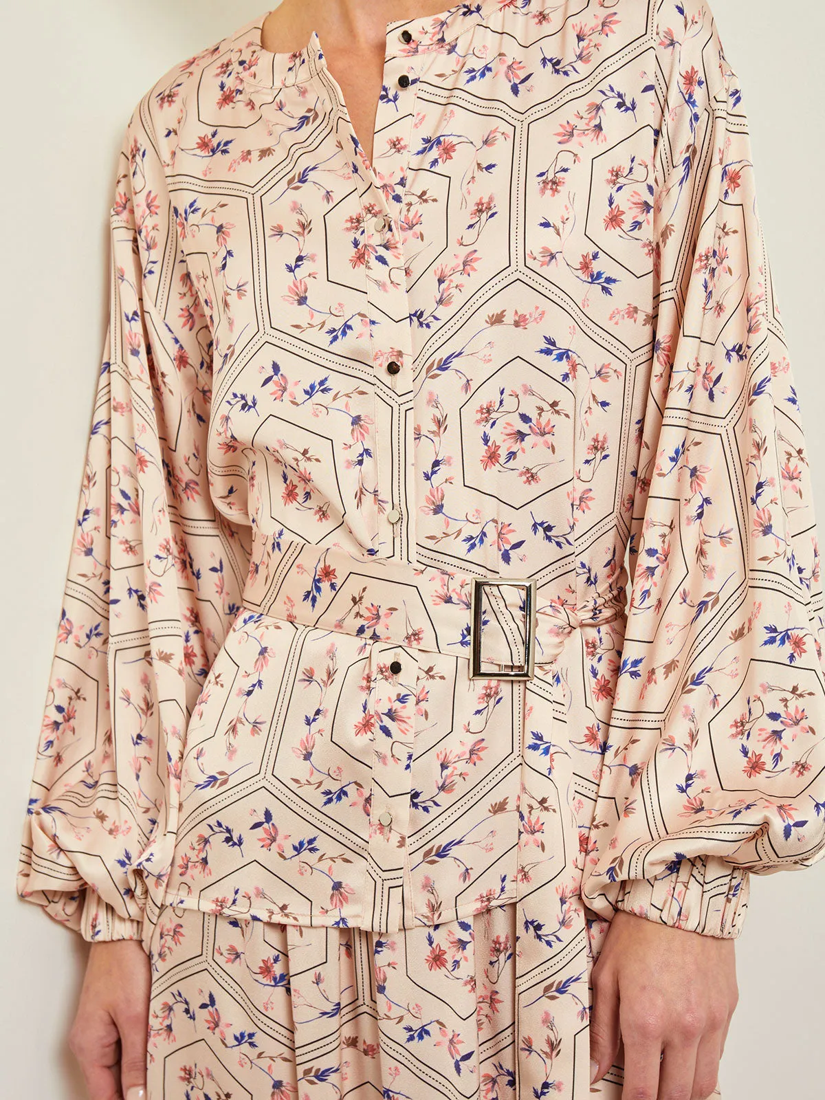 Balloon Sleeve Belted Blouse - Floral Print Crepe de Chine