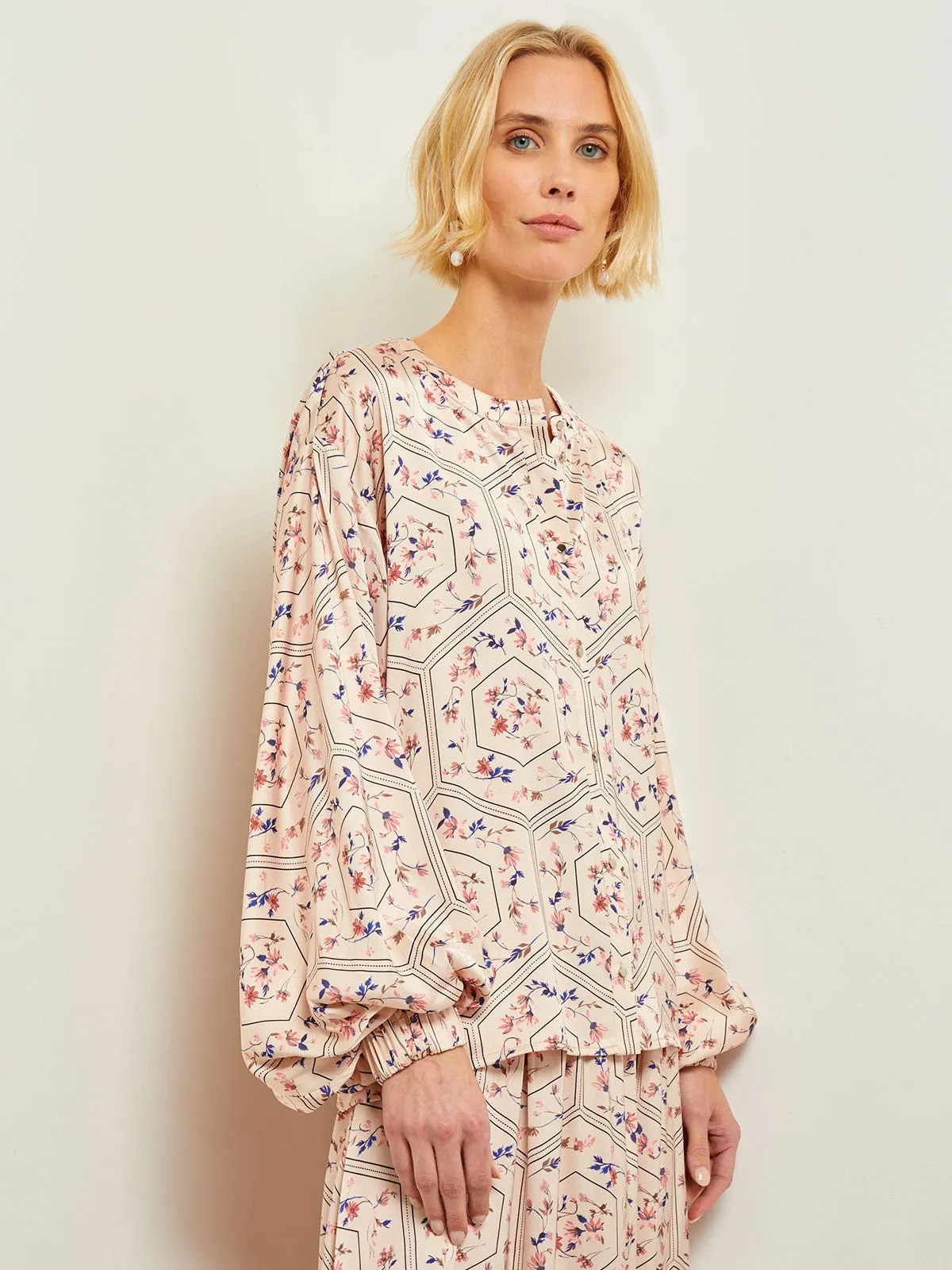 Balloon Sleeve Belted Blouse - Floral Print Crepe de Chine