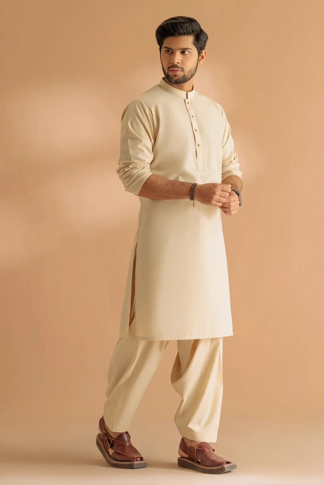 BEIGE-BLENDED-KURTA SHALWAR - (KSRS24-037) BIN 61 M11