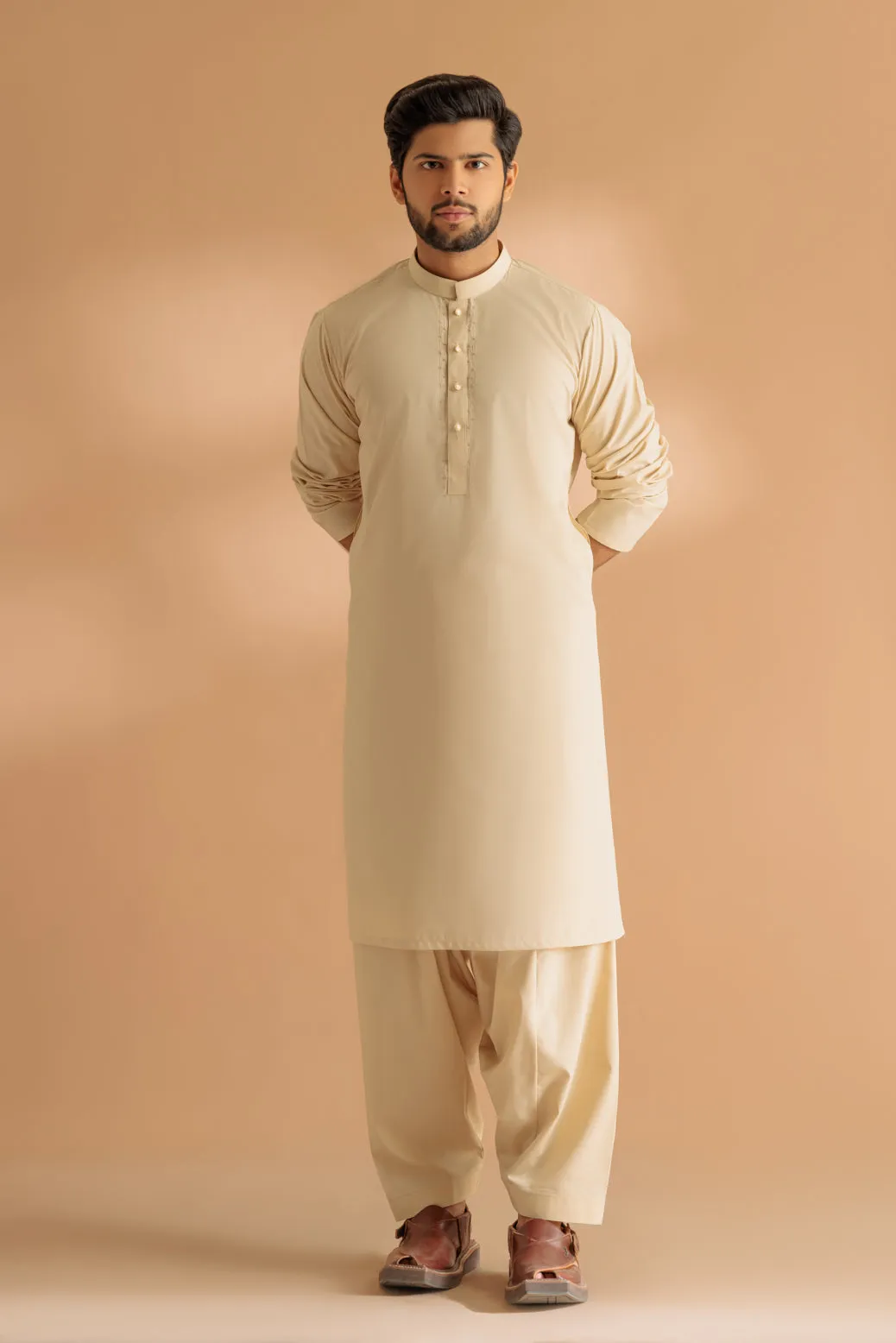 BEIGE-BLENDED-KURTA SHALWAR - (KSRS24-037) BIN 61 M11