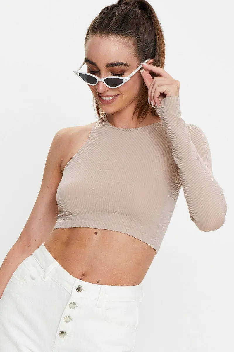 Beige Seamless One Shoulder Basic Top